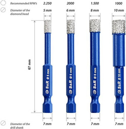 Wiertła S&R do szkła i ceramiki diamentowe. Zestaw 4 szt.